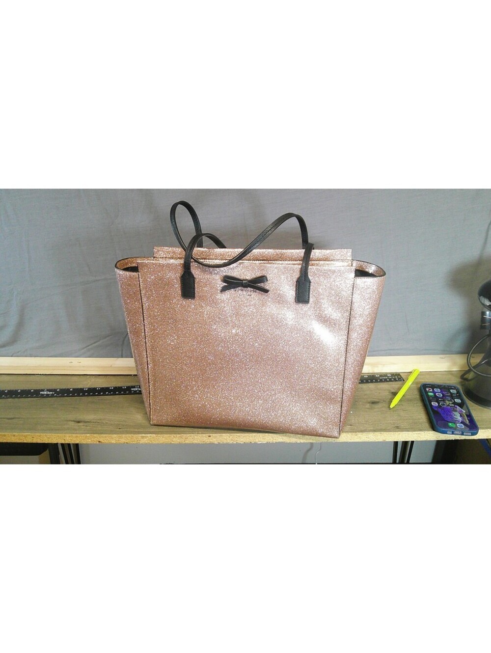 Kate Spade New York Glitter Tote Shoulder Bag with Black Bow